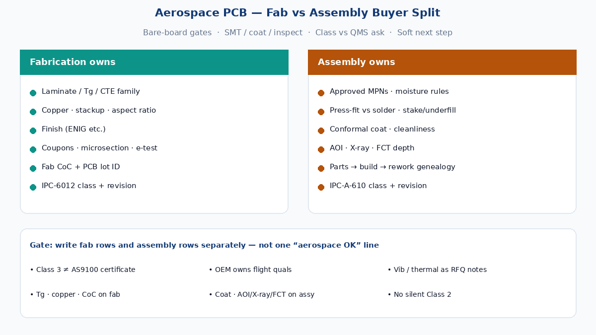 Aerospace PCB assembly and fabrication — buyer split of fab vs assembly traveler gates