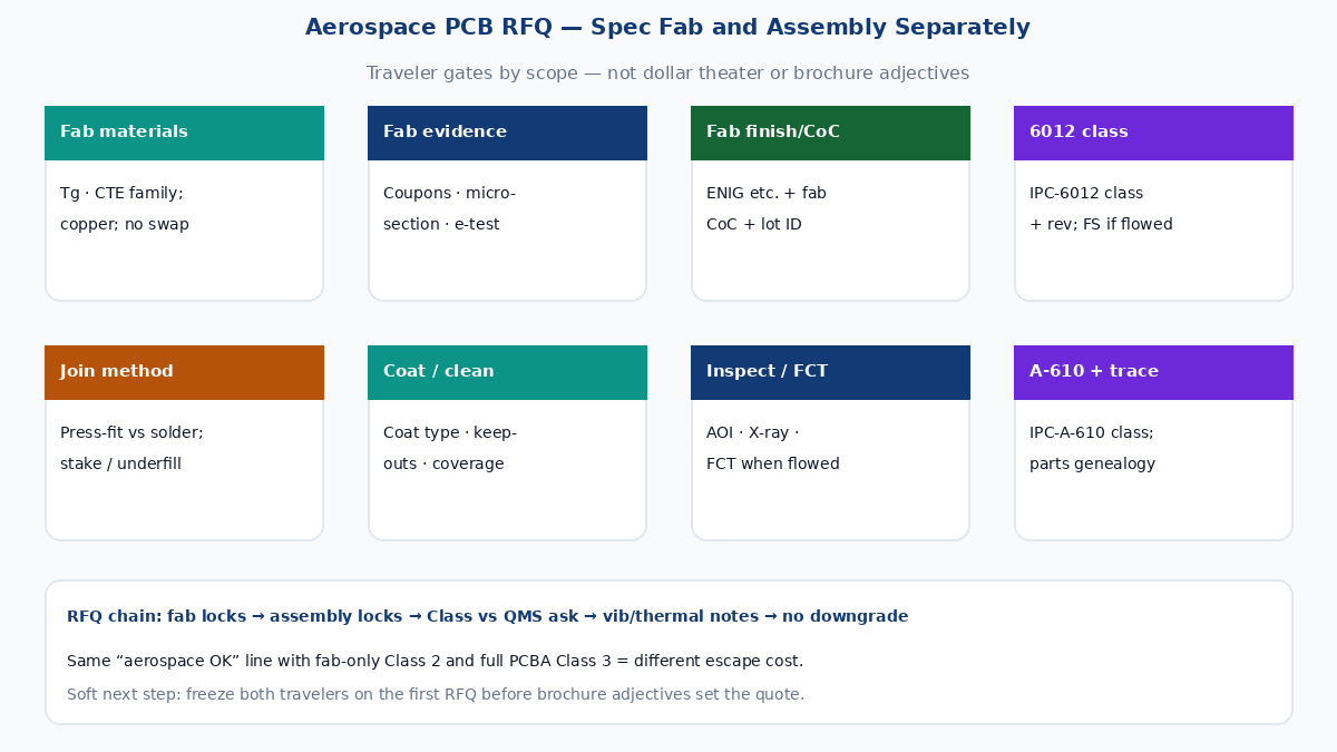 Aerospace PCB fab vs assembly RFQ gates — materials coupons finish vs SMT coat AOI X-ray FCT