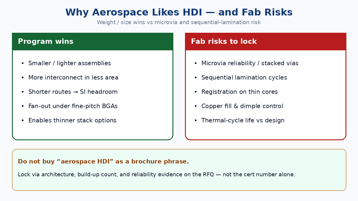 Why aerospace likes HDI for weight and size — and microvia / sequential-lam fab risks to lock
