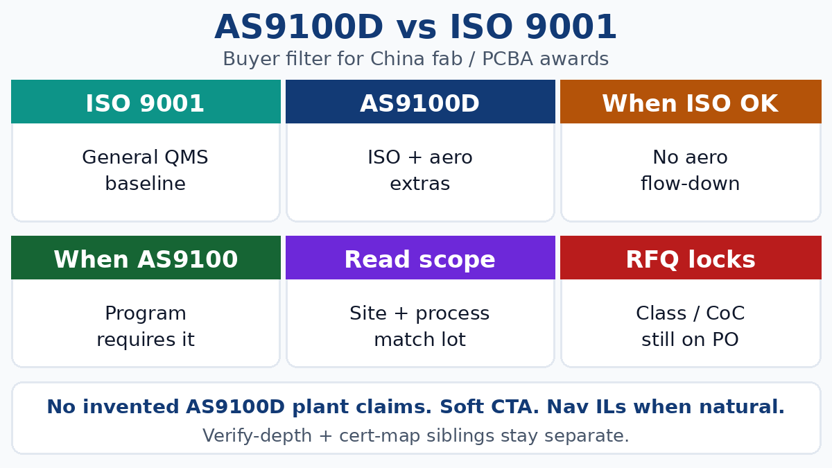AS9100D vs ISO 9001 — buyer comparison for China fab PCBA awards