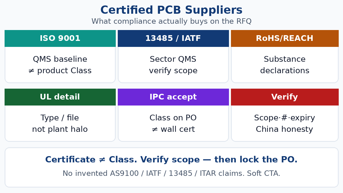 Certified PCB suppliers — what compliance actually buys on the RFQ