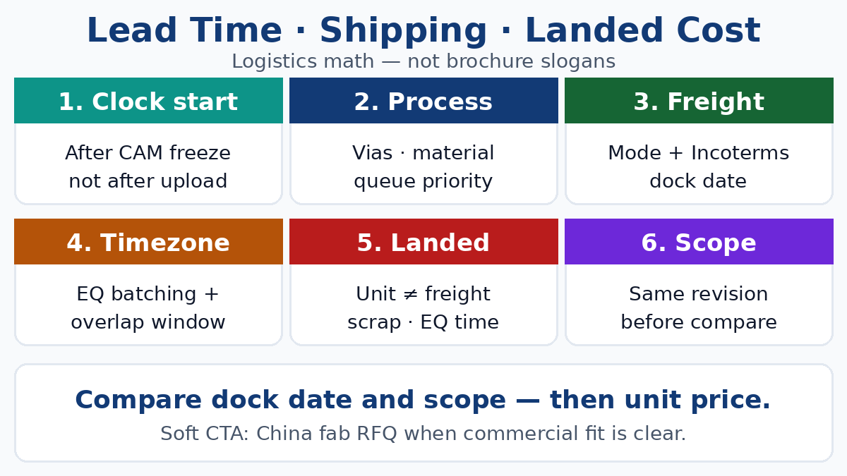 Lead time, shipping, timezone — logistics not slogans