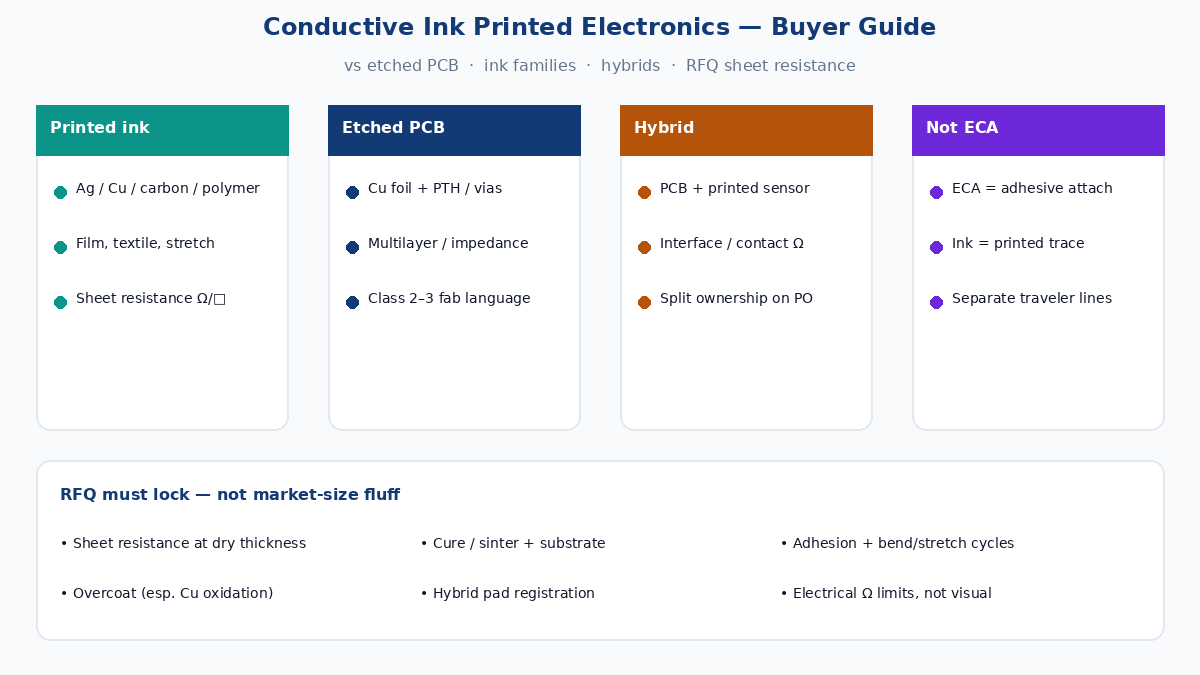 Conductive ink printed electronics vs etched PCB — buyer decision frame for ink families, hybrids, and RFQ fields