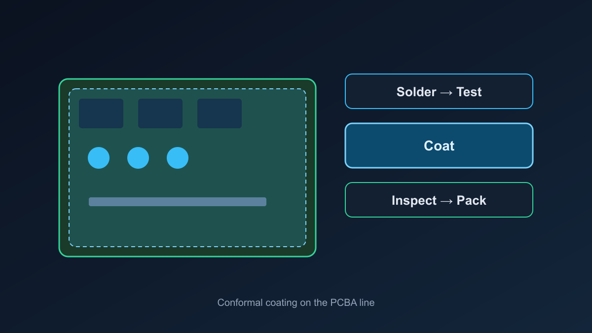 Conformal coating on PCBA line after solder and test, before pack