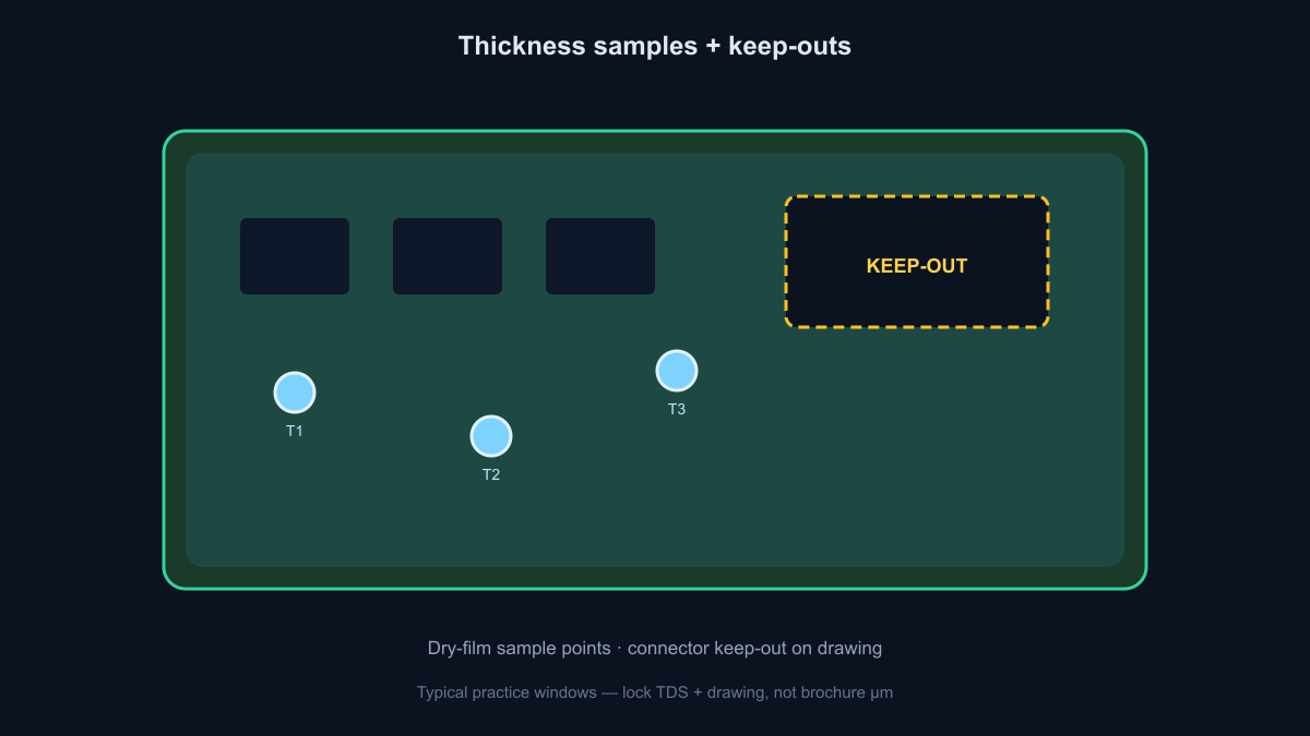 Thickness sample points and keep-out zones on coated board