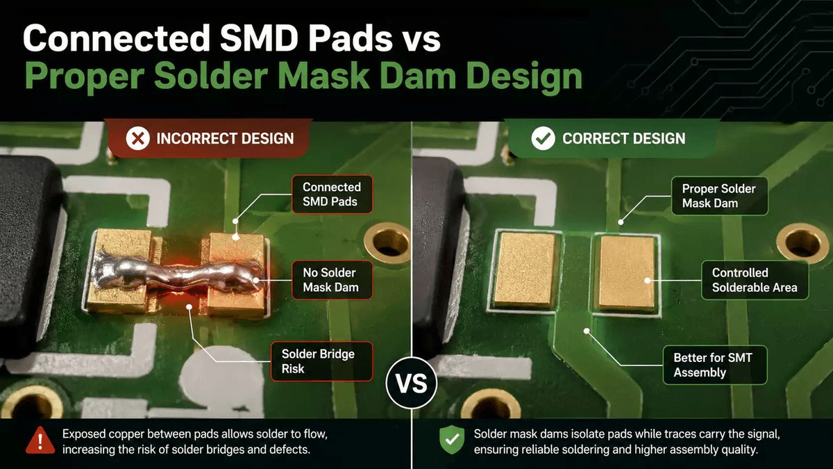 Connected SMD pads versus solder mask dam design comparison for SMT assembly