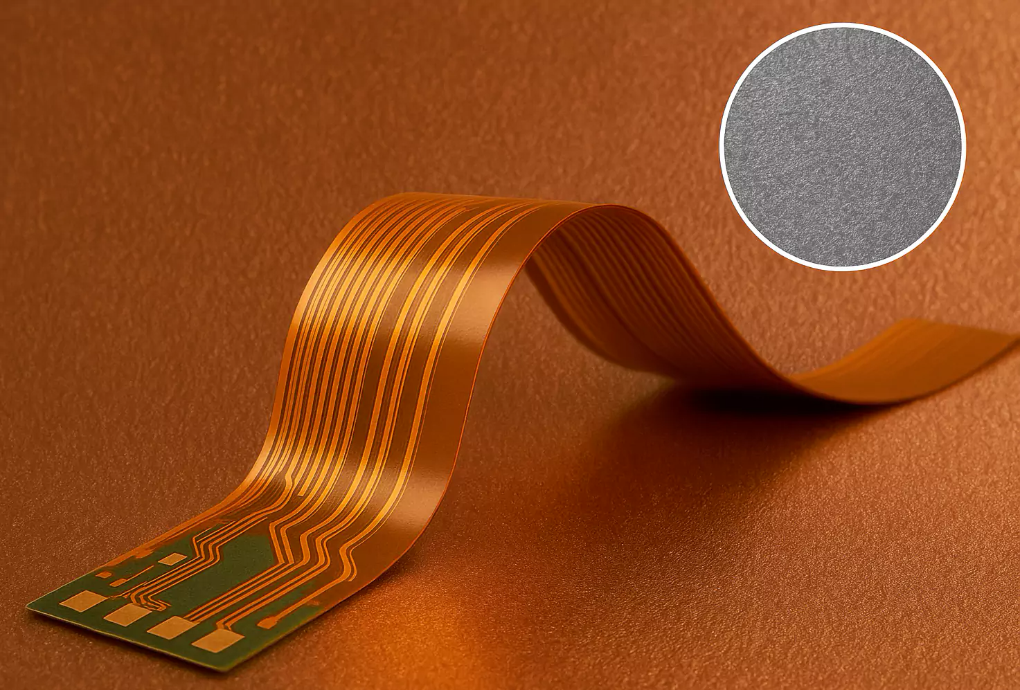 Flexible PCB copper foil surface texture showing treated conductor for adhesion and HF routing