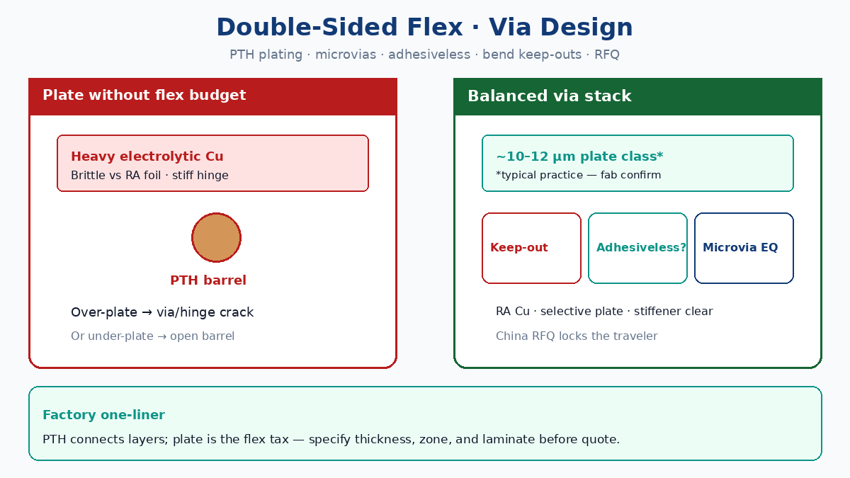 Double-sided flex via design: PTH plating, microvias, bend keep-outs