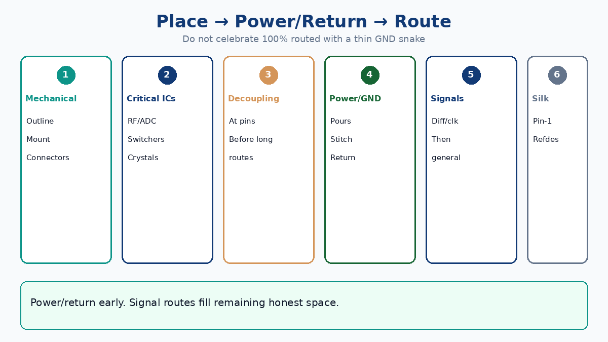 Placement first, then power/return, then signal route
