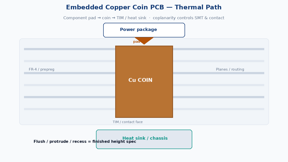Embedded copper coin PCB thermal path: power package pad through Cu coin to heat sink