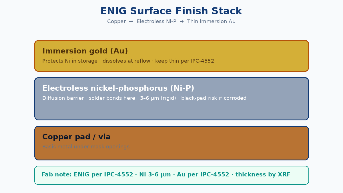 ENIG PCB stack: copper, electroless nickel-phosphorus, thin immersion gold