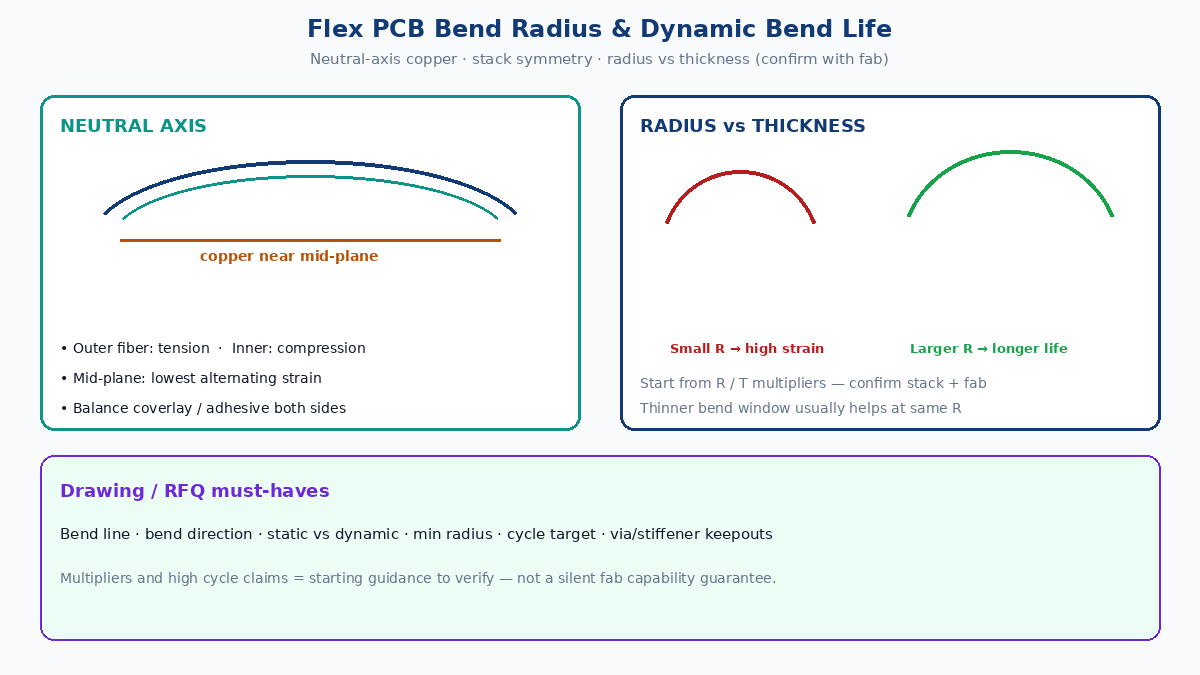 Flex PCB bend radius and dynamic bend life: neutral axis, stack symmetry, radius vs thickness