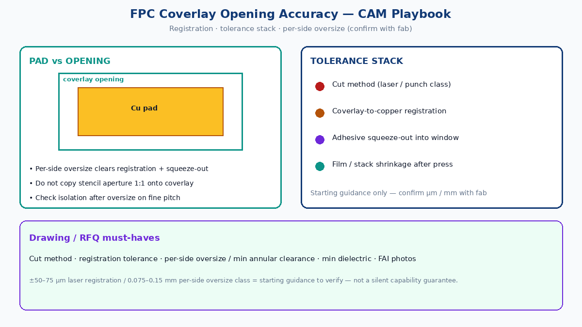 FPC coverlay opening accuracy: pad registration, tolerance stack, CAM oversize