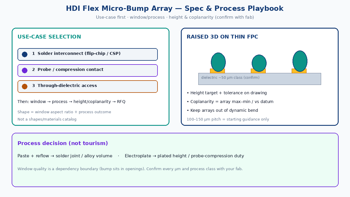 HDI flex micro-bump array: use-case selection, window/process, height and coplanarity