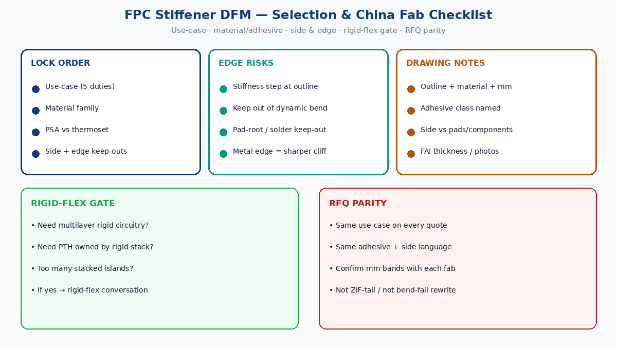 FPC stiffener DFM: use-case, PSA vs thermoset, side & edge keep-out, RFQ parity