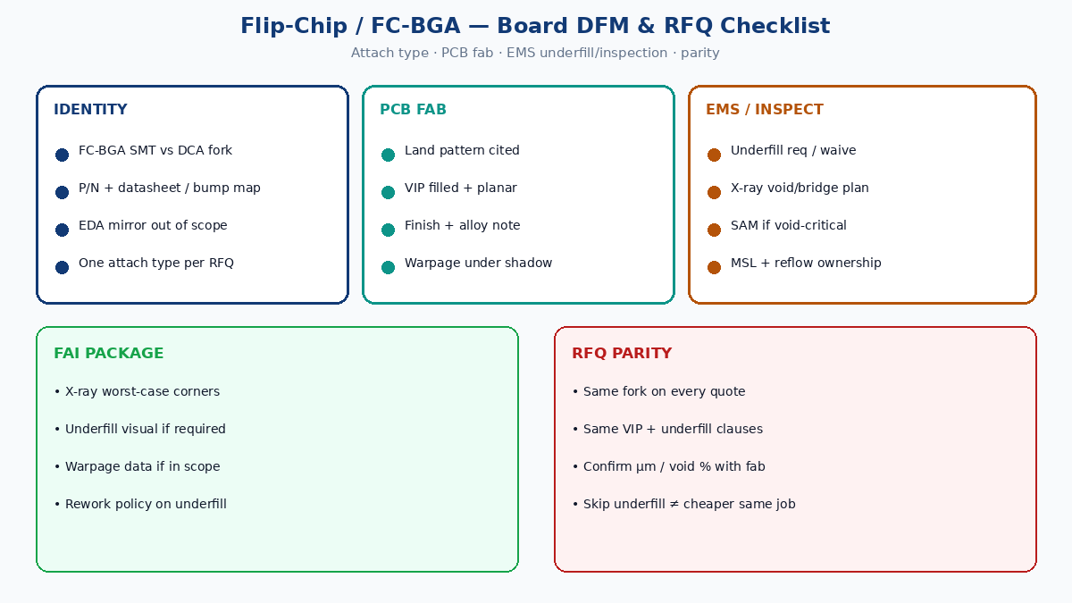 Flip-chip / FC-BGA DFM checklist: attach fork, board HDI, underfill and X-ray RFQ