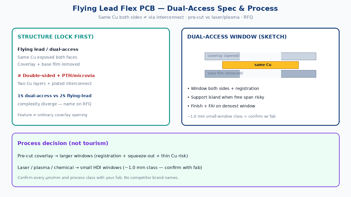 Flying lead flex PCB: dual-access same Cu both sides, process route, RFQ