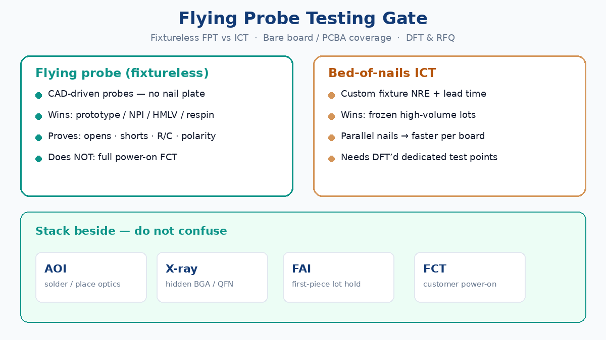 Flying probe testing gate: fixtureless FPT vs ICT, bare board and PCBA coverage, DFT and RFQ