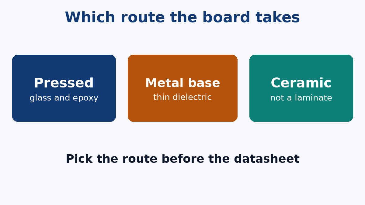 Pressed laminate, metal base, and ceramic substrate are three routes