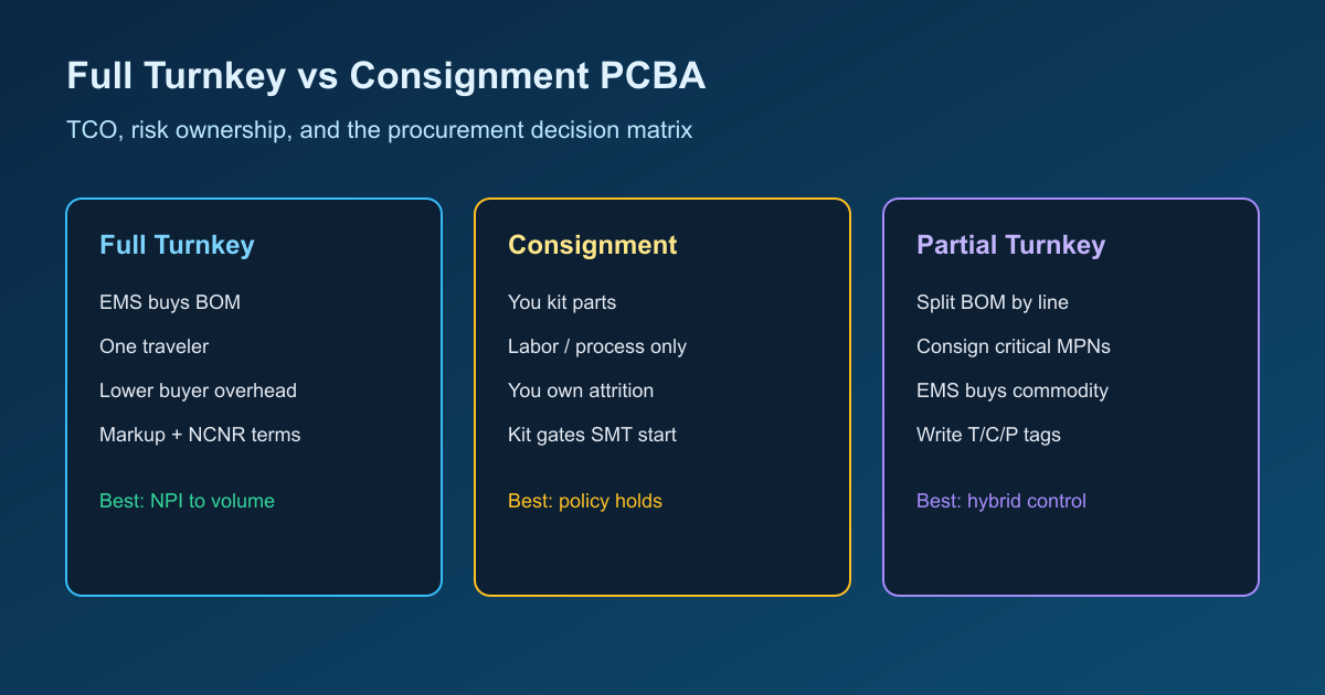 Full turnkey vs consignment PCB assembly TCO and risk