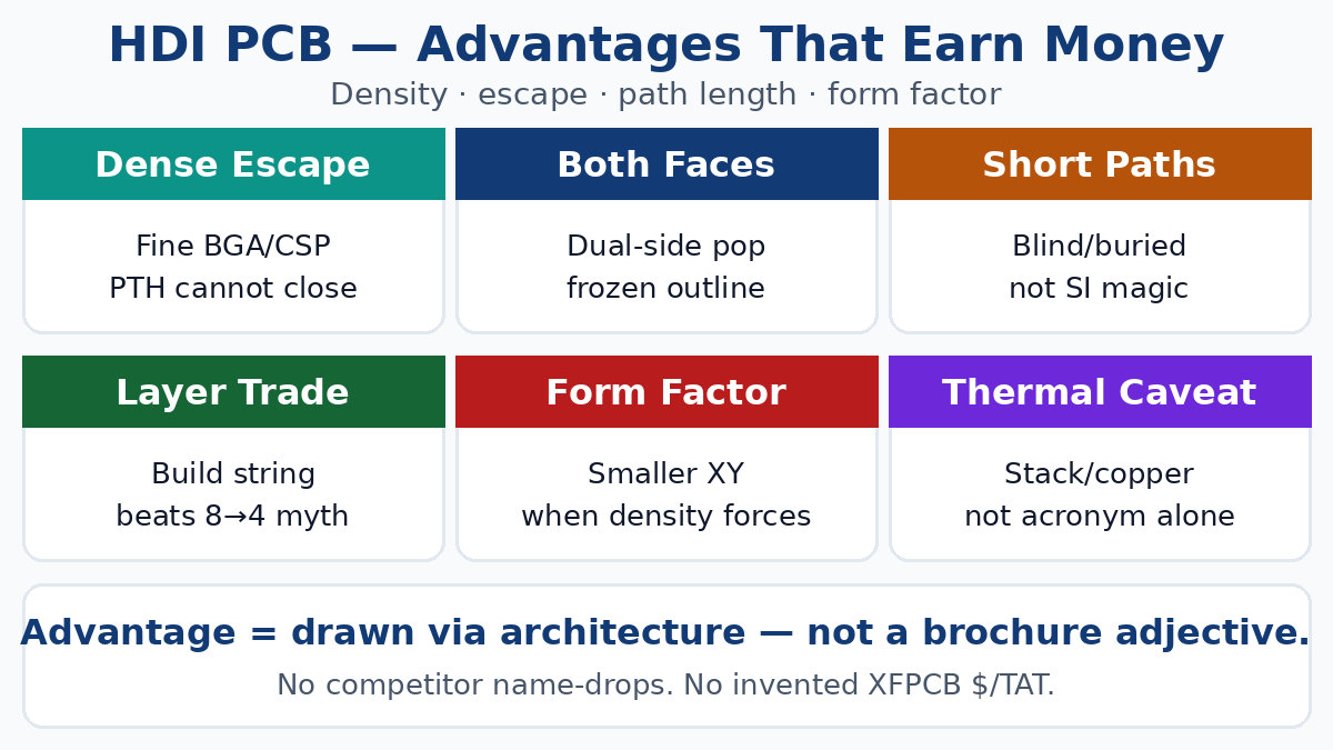 HDI PCB advantages — density, escape, layer, and form-factor gates