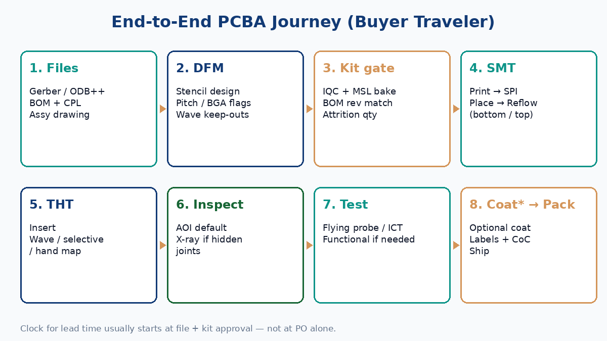End-to-end PCBA journey: files and DFM, kit, SMT and THT, inspect and test, optional coat, pack and ship