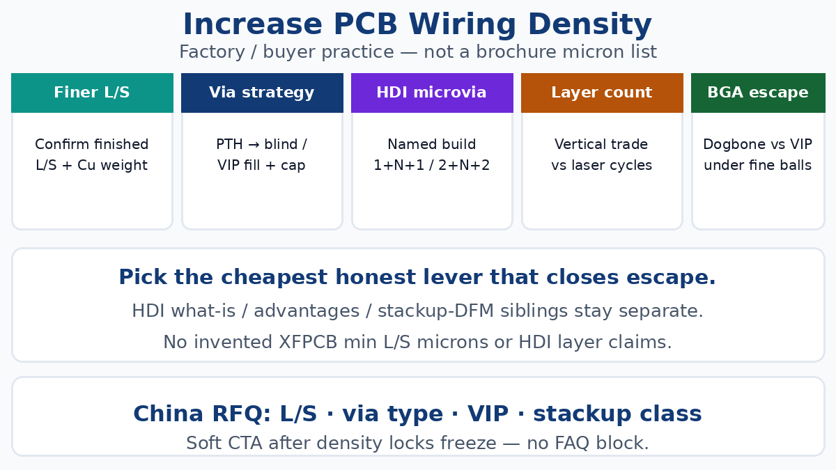 Increase PCB wiring density — finer L/S, vias, HDI microvias, layer tradeoffs, BGA escape