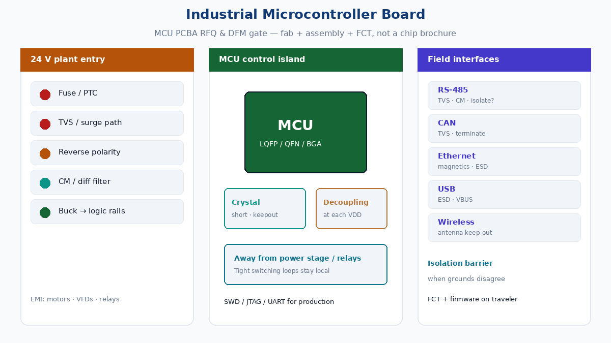 Industrial microcontroller control board: MCU, 24 V input stage, isolation, and field interfaces