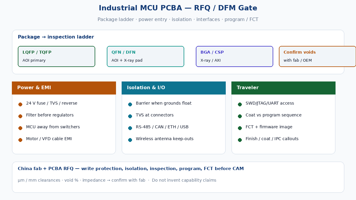 Industrial MCU PCBA RFQ gate: package ladder, power entry, isolation, interfaces, FCT and program