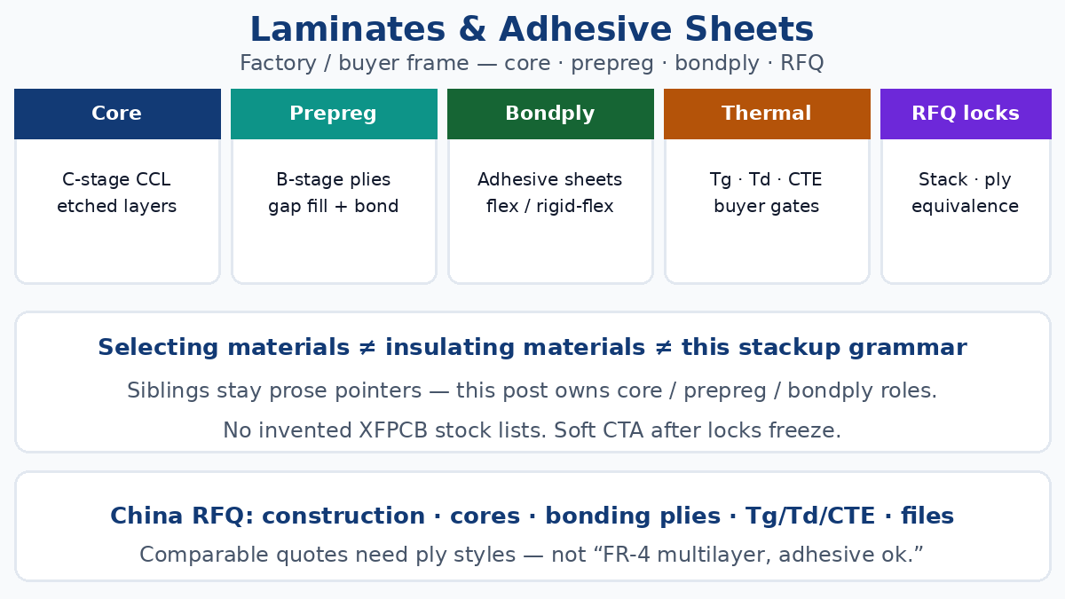 PCB laminates and adhesive sheets — core vs prepreg vs bondply for fab buyers