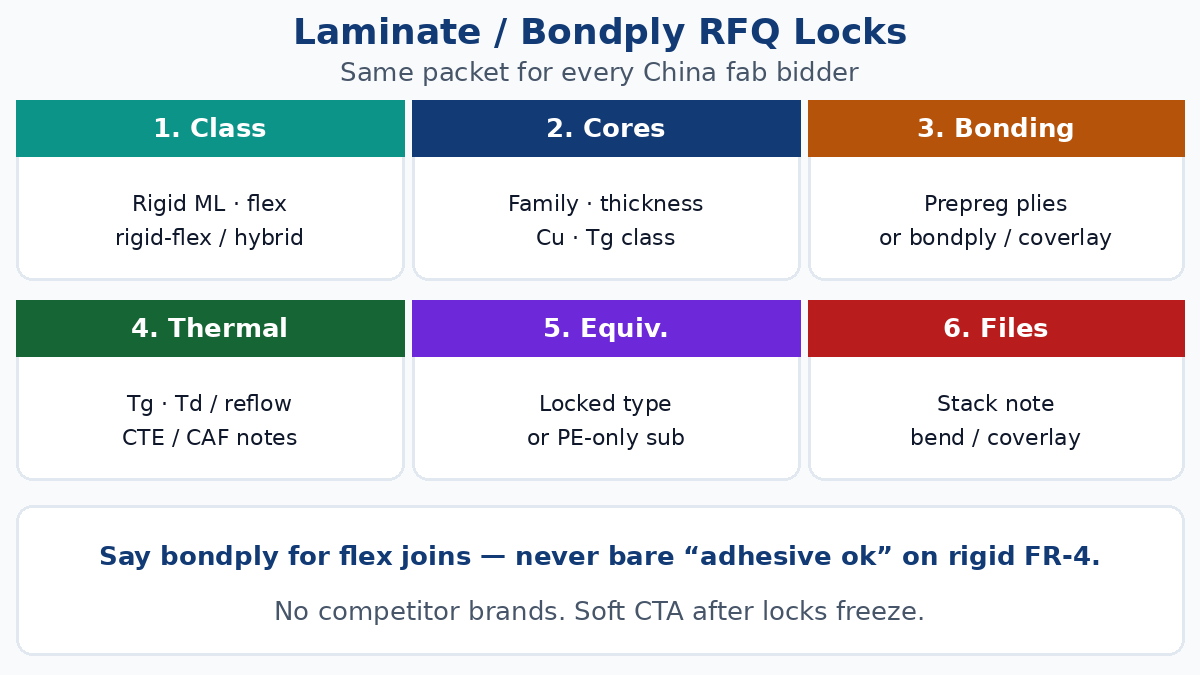 Laminate and adhesive sheet RFQ locks — core, prepreg, bondply, Tg/Td/CTE, equivalence