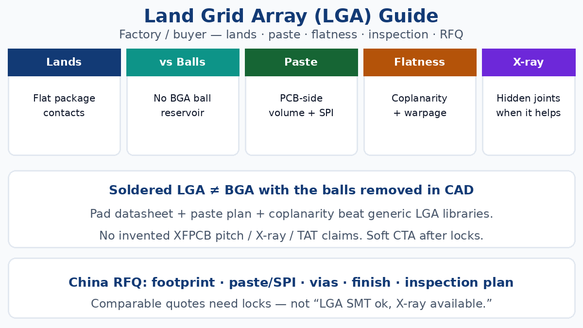 Land grid array LGA guide — lands vs balls, paste, flatness, RFQ locks