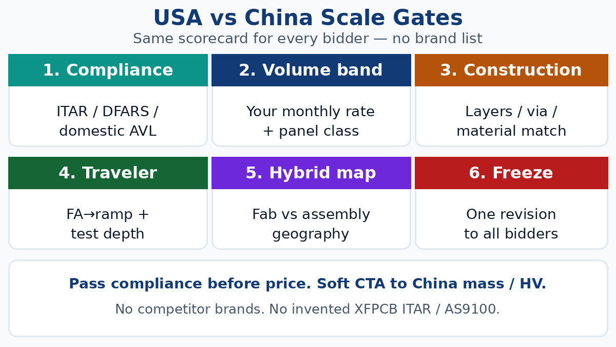 Score large-scale USA vs China — compliance, volume, hybrid, RFQ freeze