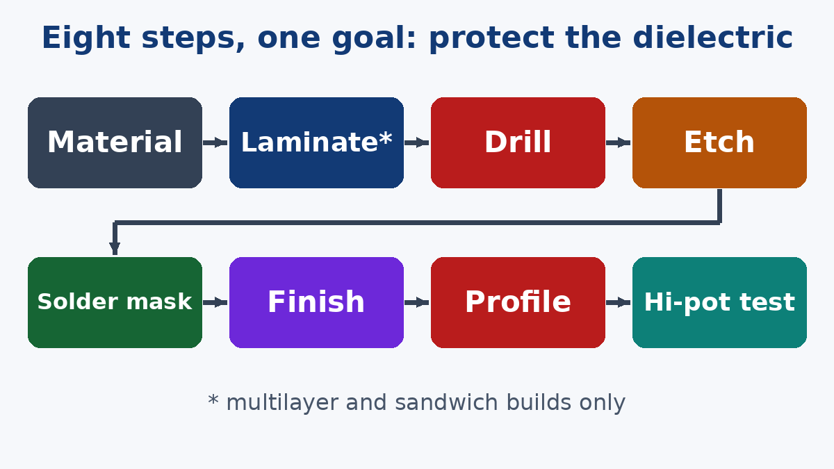 Metal core PCB fabrication flow from laminate to hi-pot test