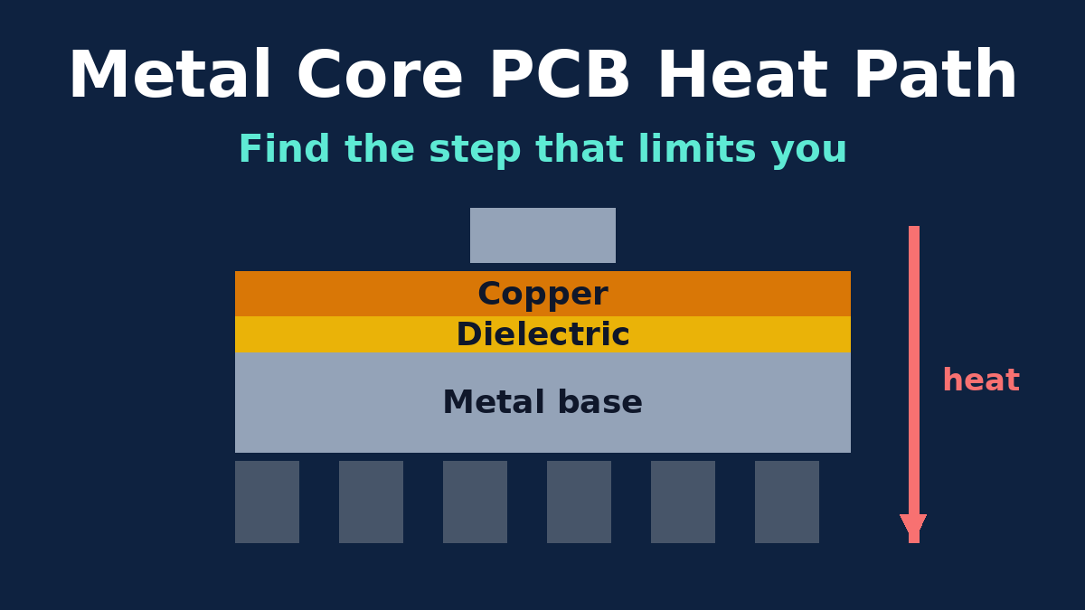 Heat flowing from a component through copper, dielectric and metal base into a heat sink