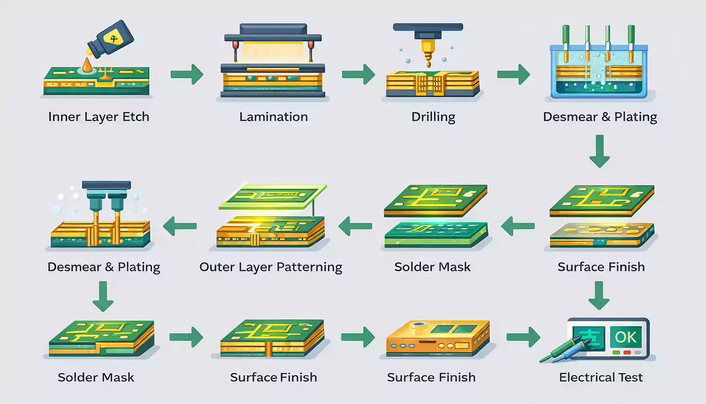 Multilayer PCB fabrication sequence from inner etch through outer finish