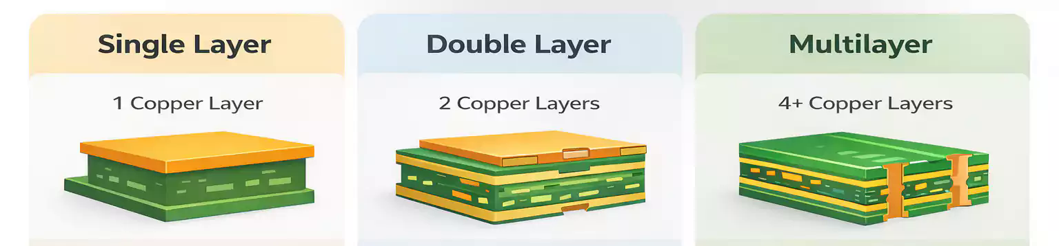 Single-sided double-sided and multilayer PCB construction comparison