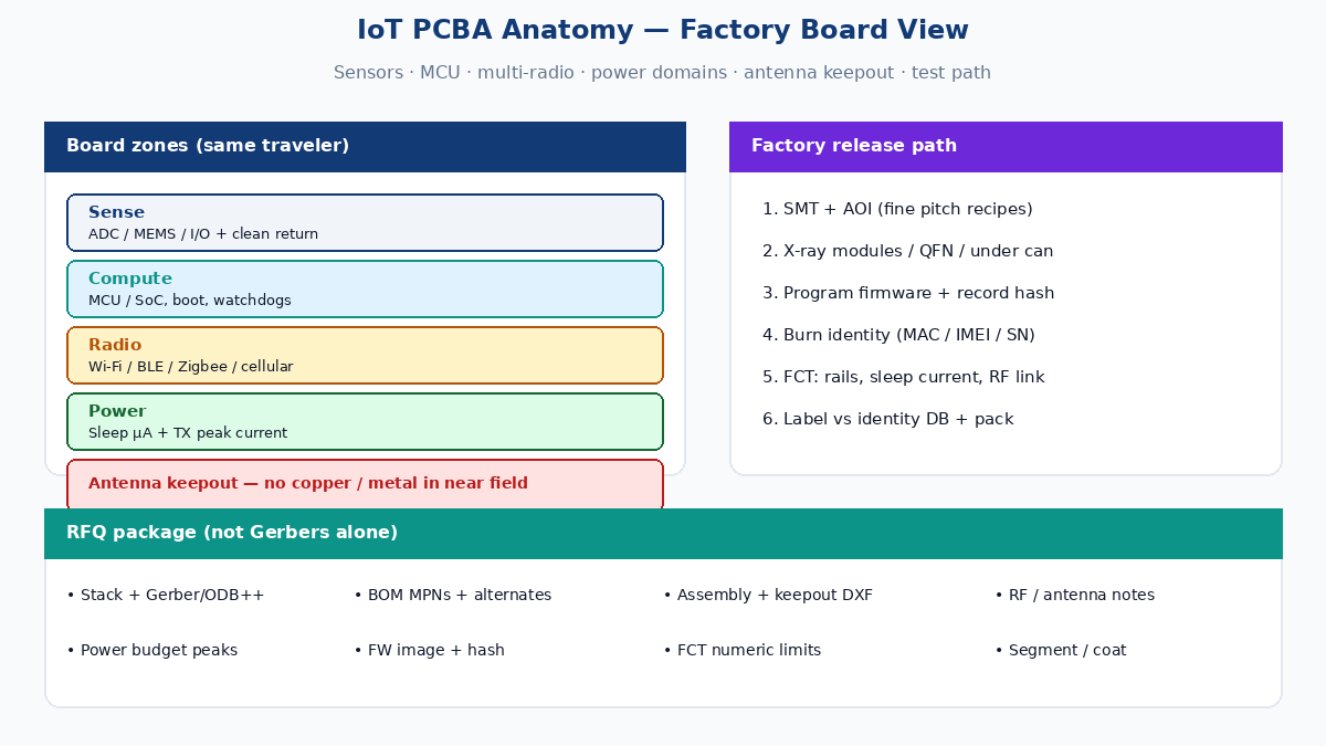IoT PCBA anatomy — sensors, MCU, multi-radio, power domains, antenna keepout