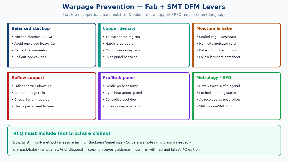 PCB warpage prevention DFM: stackup balance, copper thieving, bake, reflow pallet support