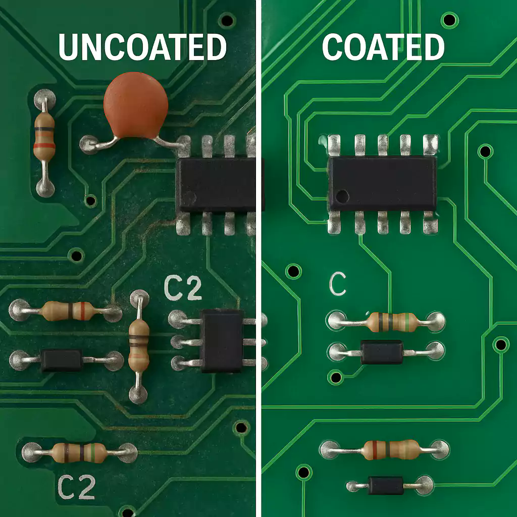 Coated versus uncoated PCB comparison showing protective film coverage