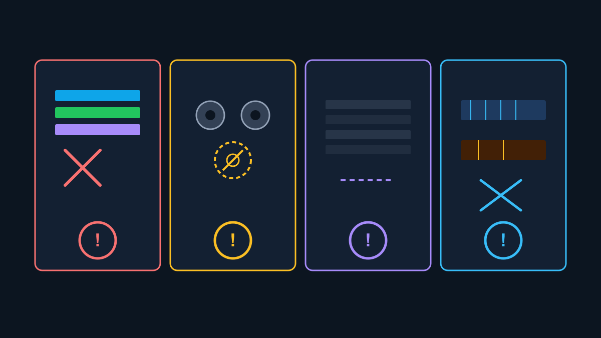 Four handoff failure icons: layer map, missing NPTH, empty stackup, unit mix