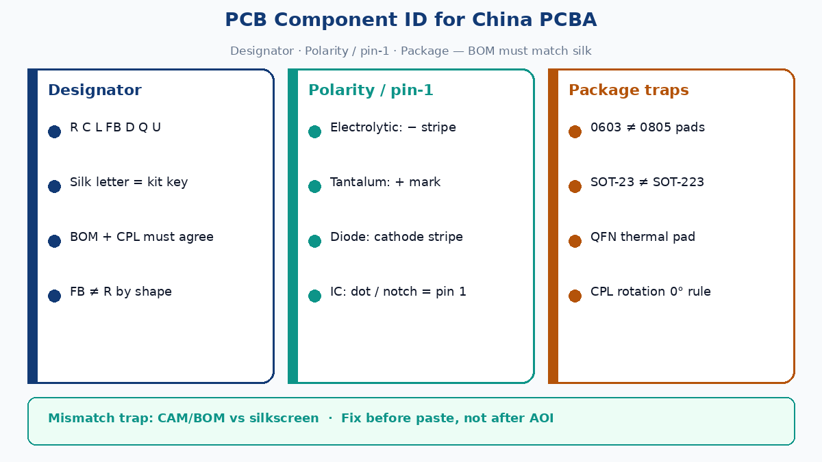 PCB component identification: designators, polarity marks, and package traps for China PCBA