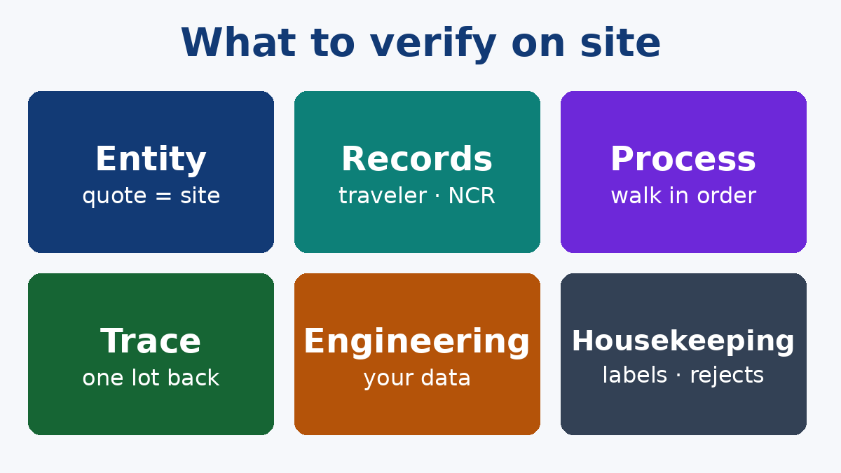 What to verify on site: entity, records, process, trace, engineering