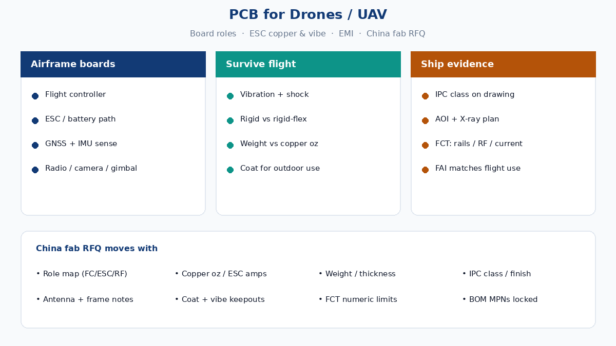 PCB for drones — flight controller, ESC, GNSS/IMU, radio, camera board roles