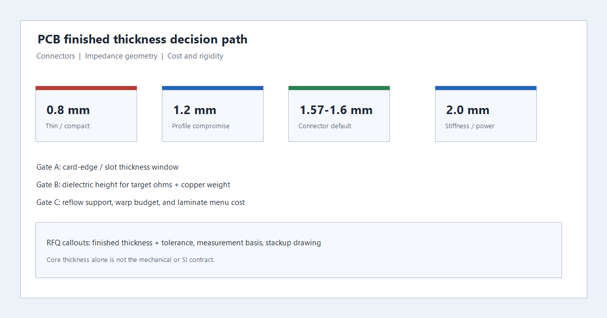 PCB finished thickness decision path for connectors impedance and cost