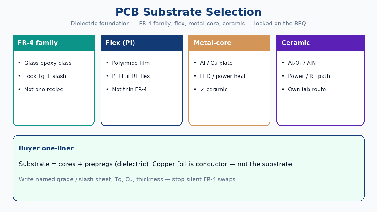 PCB substrate selection: FR-4 family, flex, metal-core, ceramic — lock what buyers write on the RFQ