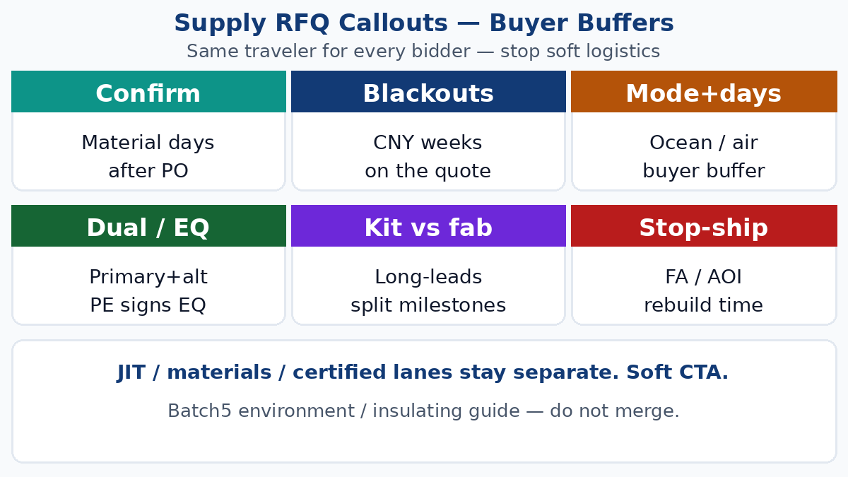 PCB supply chain RFQ buffers — material confirm, logistics, dual-source, kit vs fab