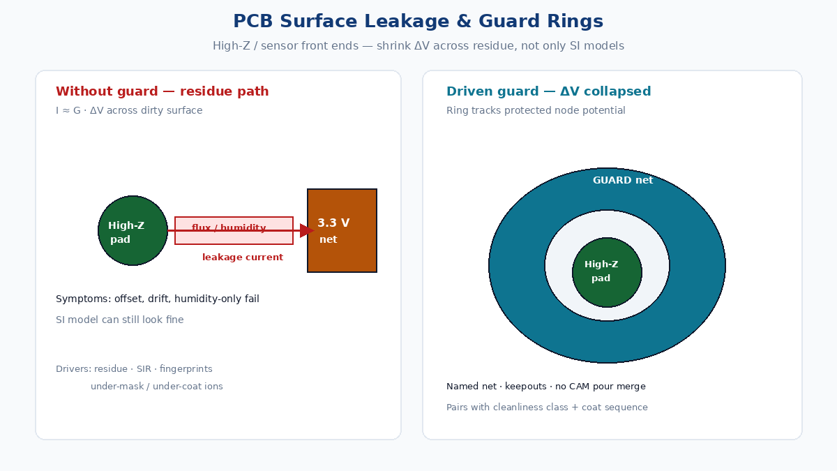 PCB surface leakage and guard rings: high-Z node with driven guard and contamination path