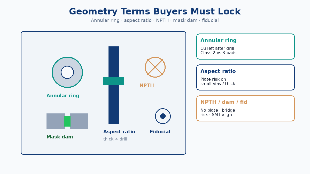 Geometry terms buyers must lock: annular ring, aspect ratio, NPTH, mask dam, fiducial