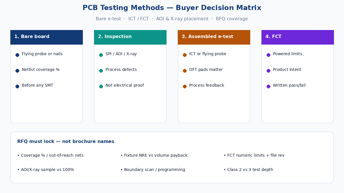 PCB testing methods buyer decision matrix — bare board e-test, ICT, FCT, AOI and X-ray placement